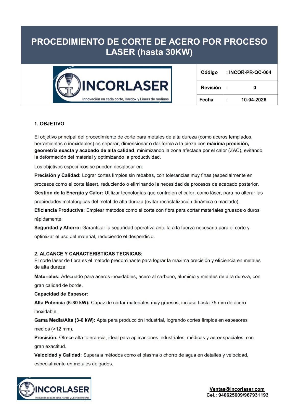 Procedimiento de Calidad Incorláser